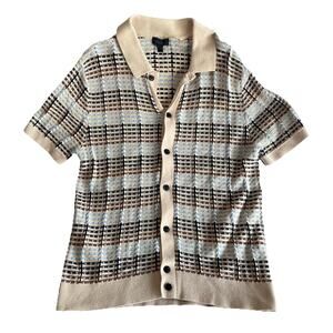 Truth by Republic Men's Tan Striped Crochet Knit Cardigan Sweater Medium M